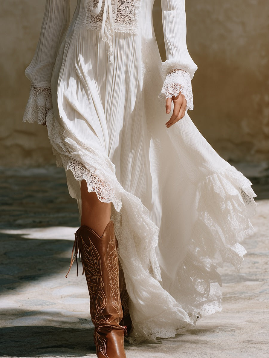 Romantic Bohemian Square Neck Lace-trimmed White Cotton Maxi Dress