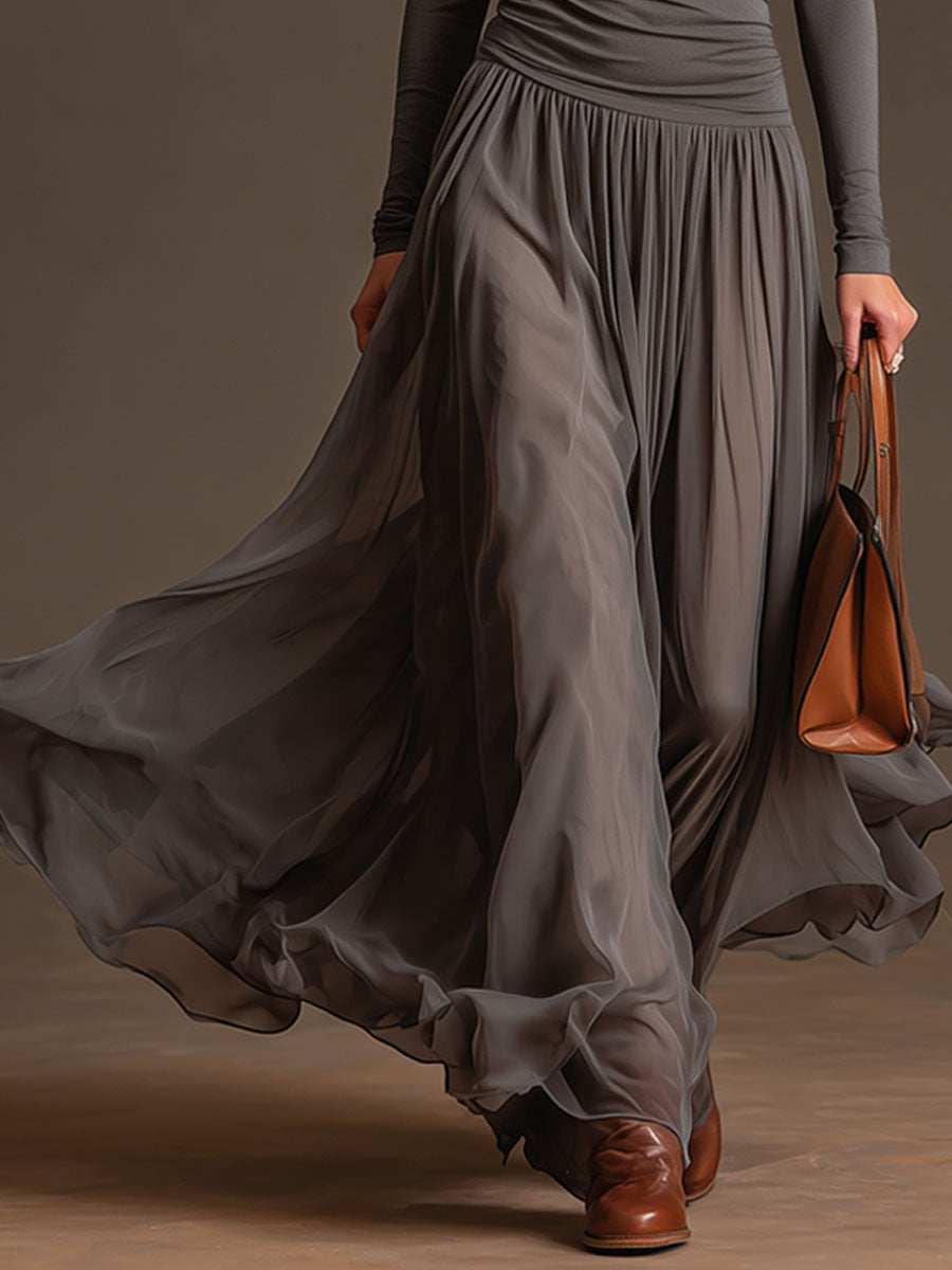 Fashionable Re Grey V-neck Long-sleeved Chiffon Maxi Dress