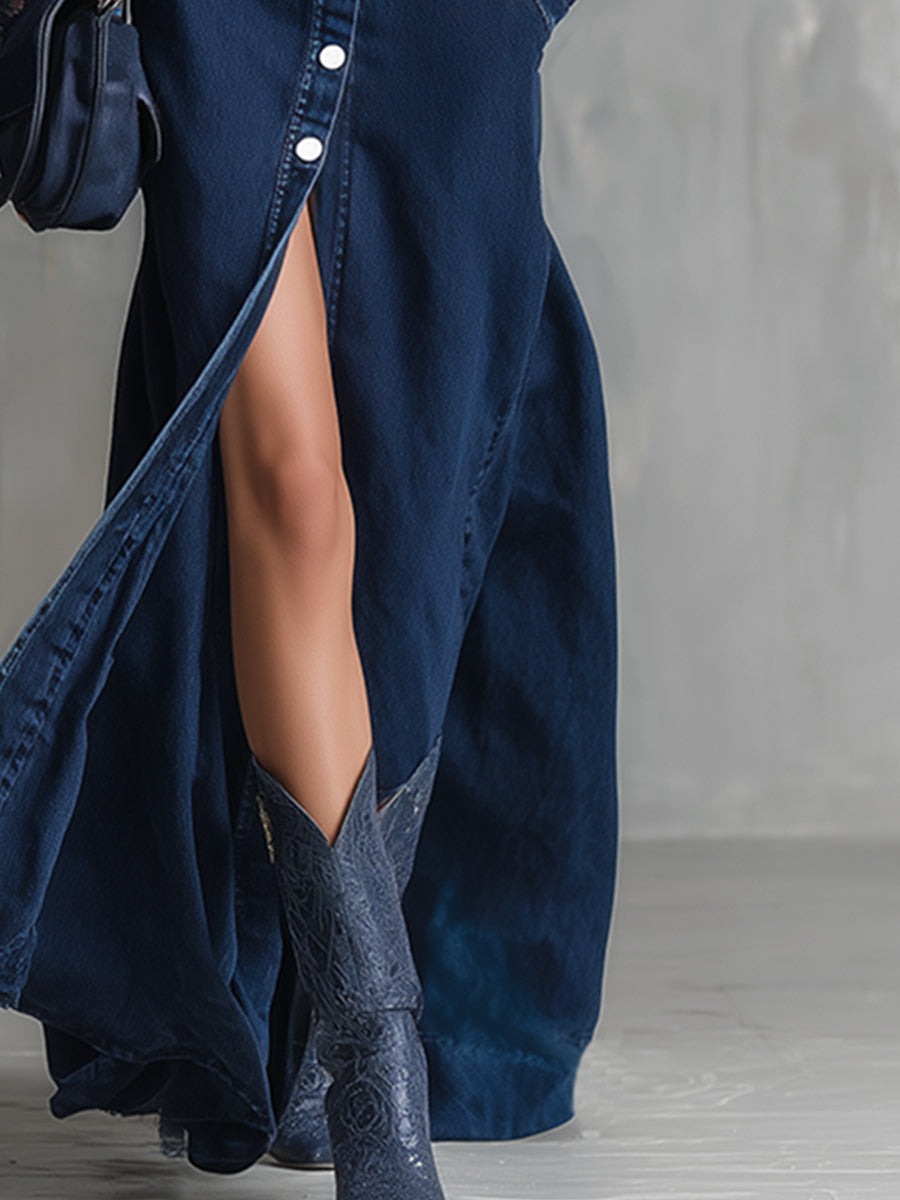 Elegant Urban Navy Blue Denim Lace Long-sleeved Button-down Maxi Dress