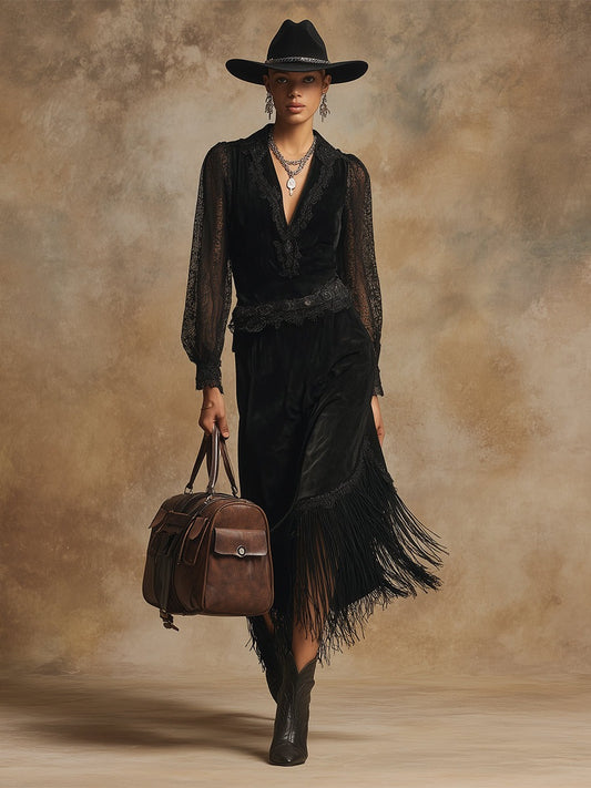 Elegant And High-end Tassel Black Faux Suede Lace Long-sleeved Maxi Dress