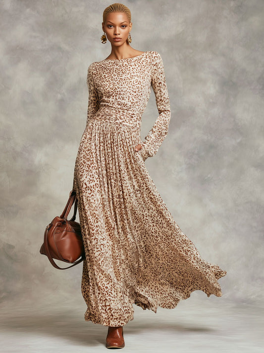 Elegant Retro Long-sleeved Champagne Leopard Print Maxi Dress