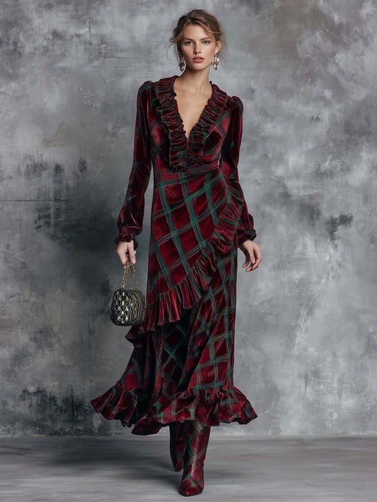Elegant Retro Ruffled V-neck And Hem Green Plaid Pattern Burgundy Velvet Maxi Dress