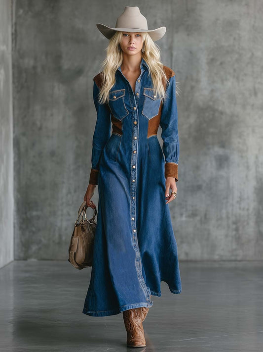 Vintage Western Front-button Suede Patchwork Blue Denim Midi Dress