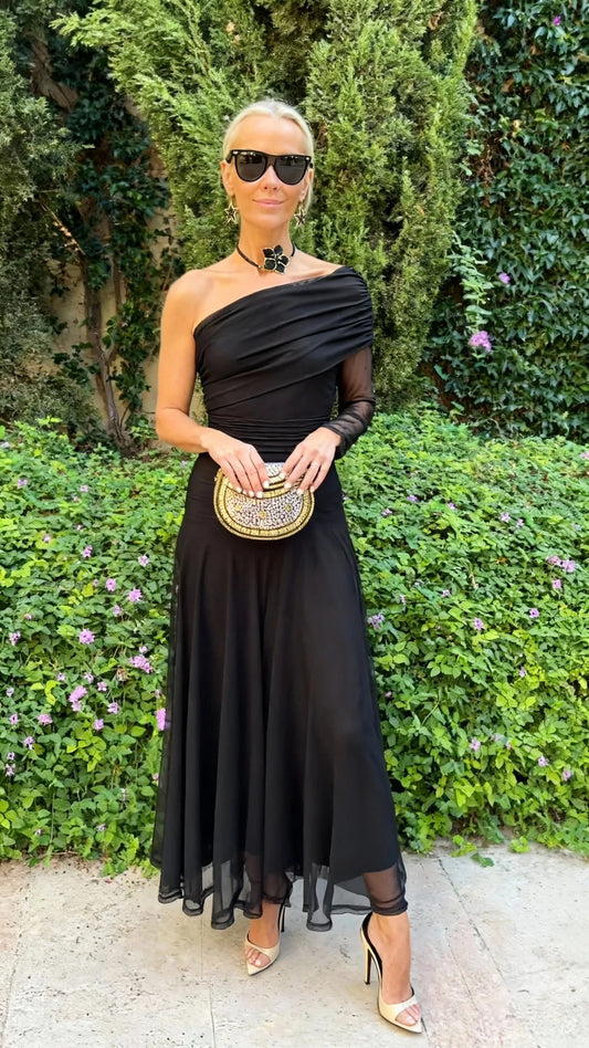 Black One-Shoulder Sheer Maxi Dress With Ruched Detail