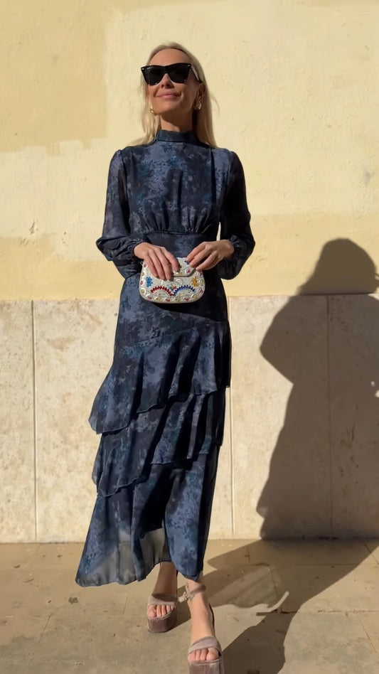 Navy Blue High-Neck Ruffled Midi Dress With Floral Print