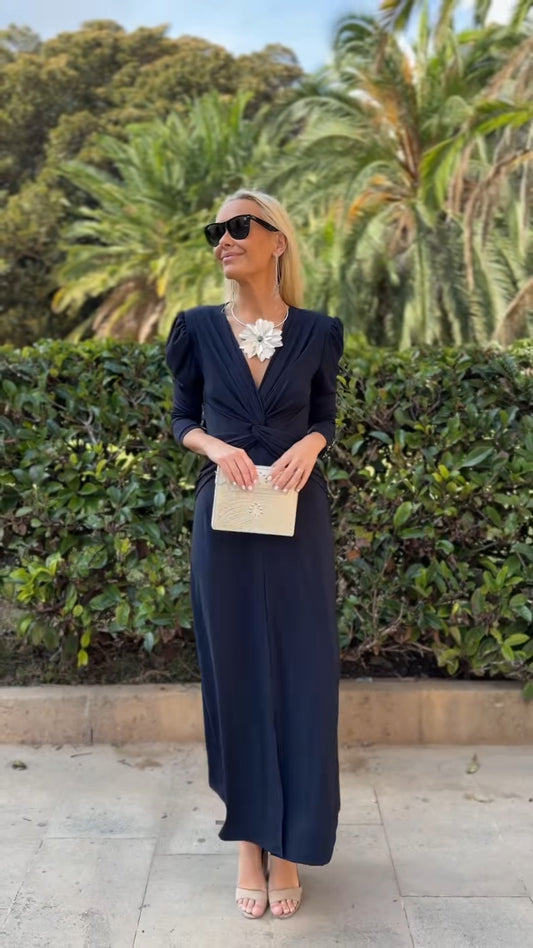 Navy Blue Deep V Puff Sleeve Twist Front Maxi Dress