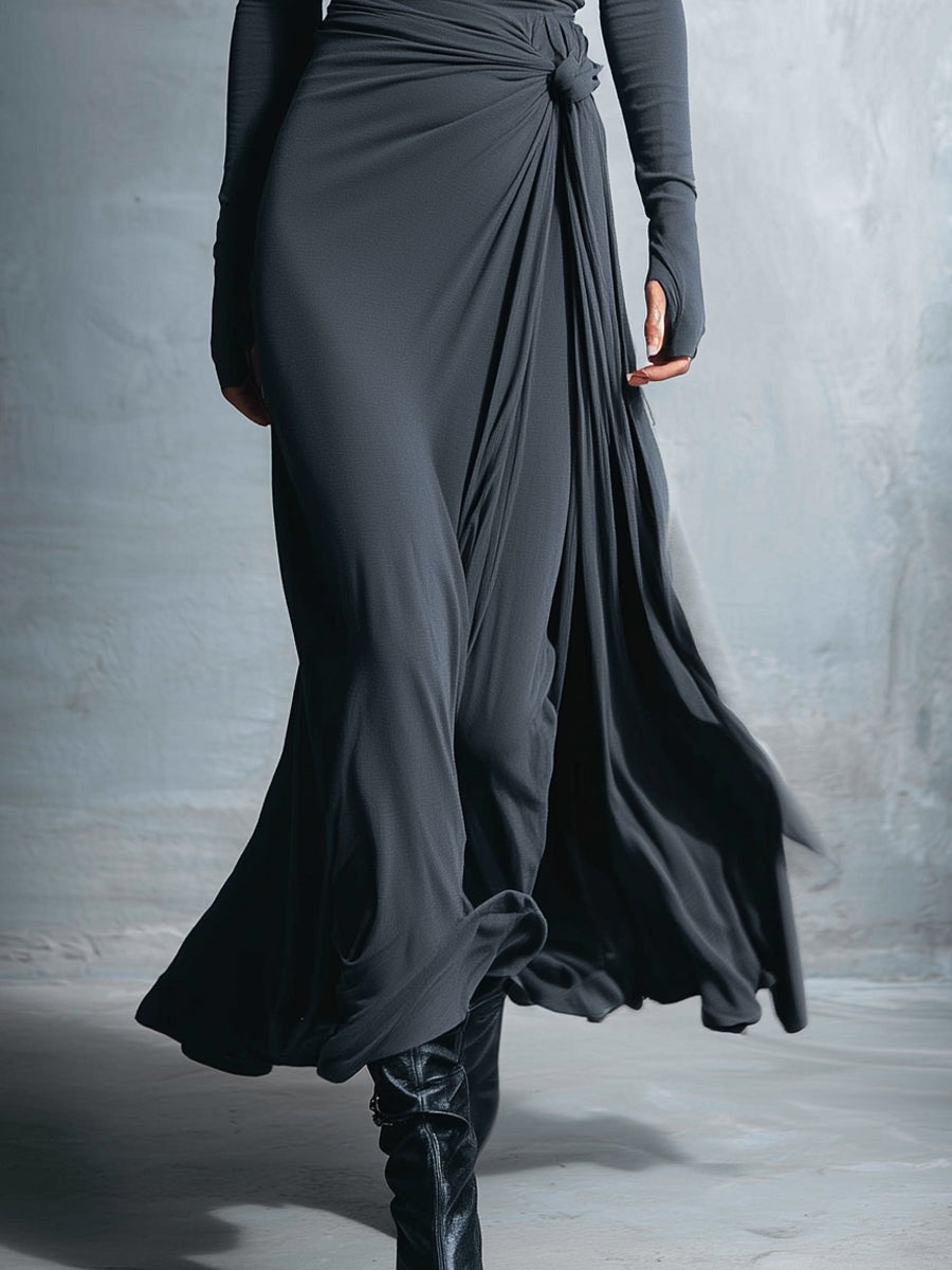 Gray Exquisite Stretch Blended Fabric Wrap Dress - Knotted Maxi Dress