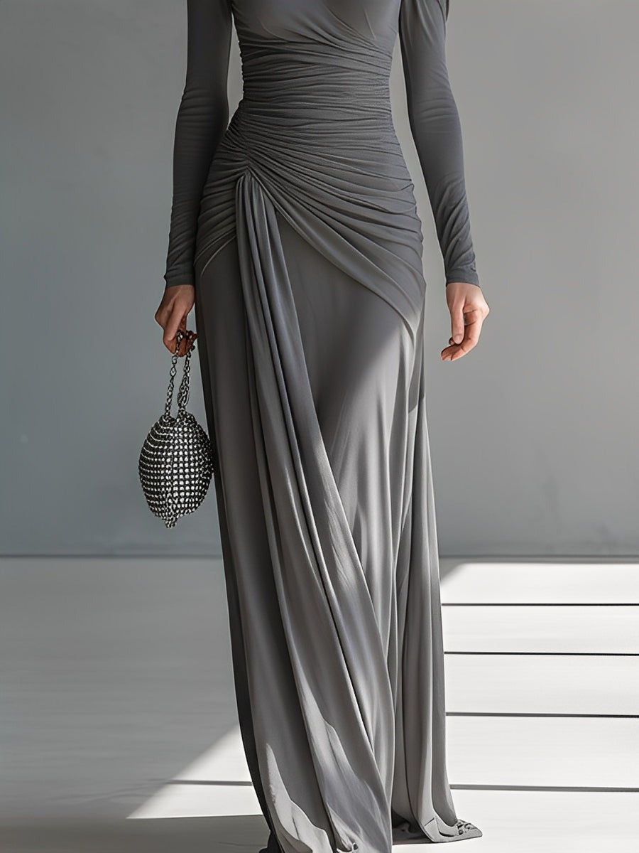Grey Silky Stretch Sophisticated Ruched Detail Cut-Out Maxi Dress