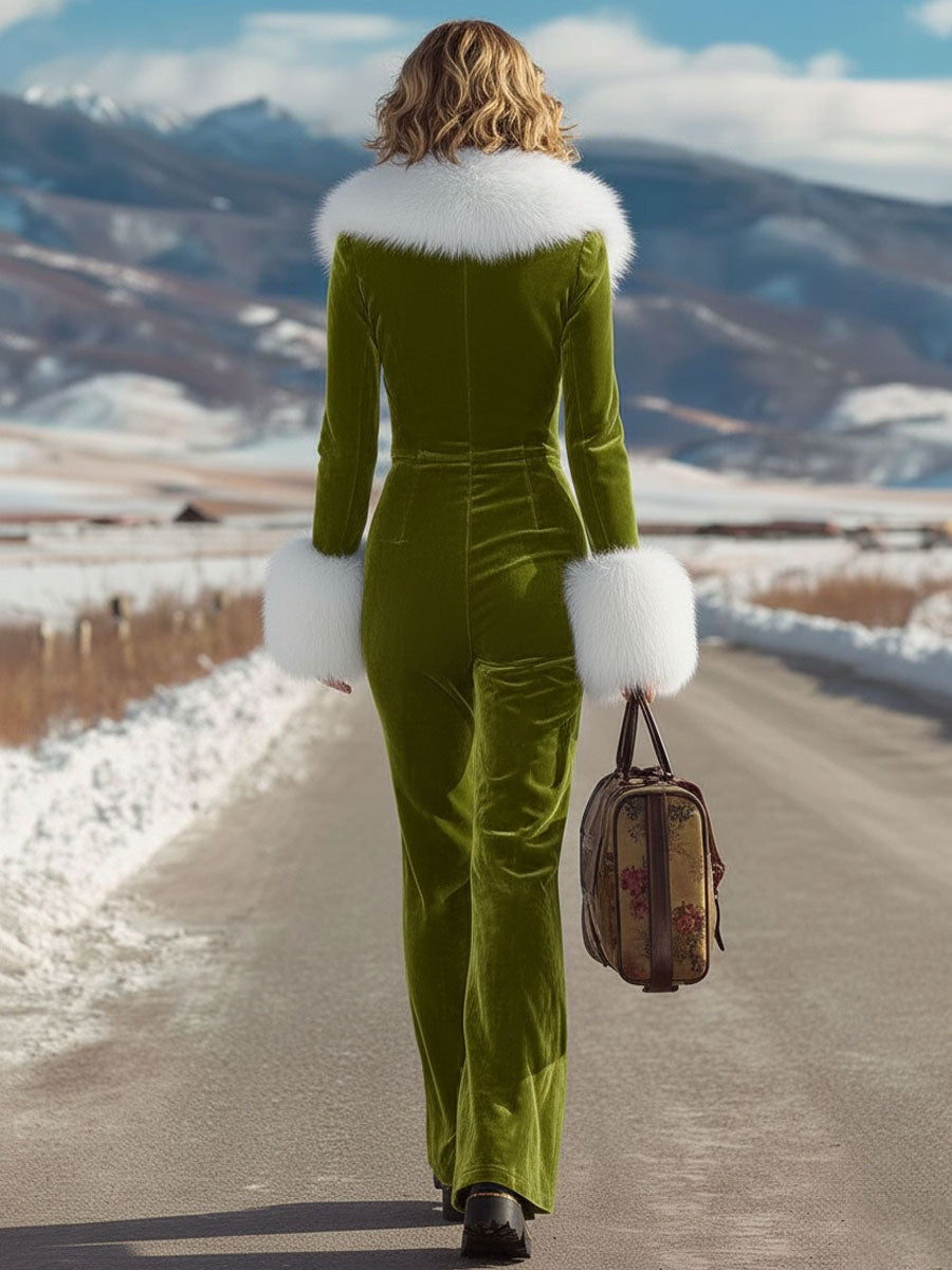 Fashion Retro Rose Red Velvet Faux Fur Collar Long Sleeve Flared Jumpsuit