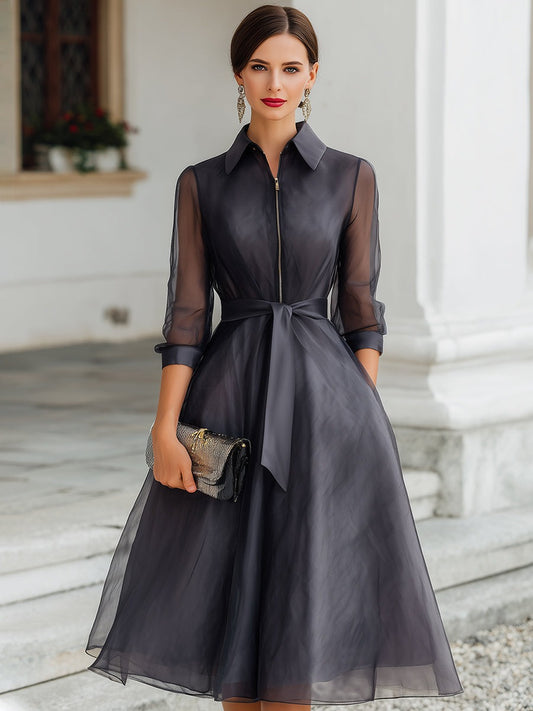 Elegant Belted Midi Dress With Sheer Structured Bodice