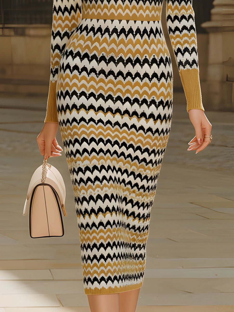 Retro Chevron Print Polo Collar Knit Midi Dress