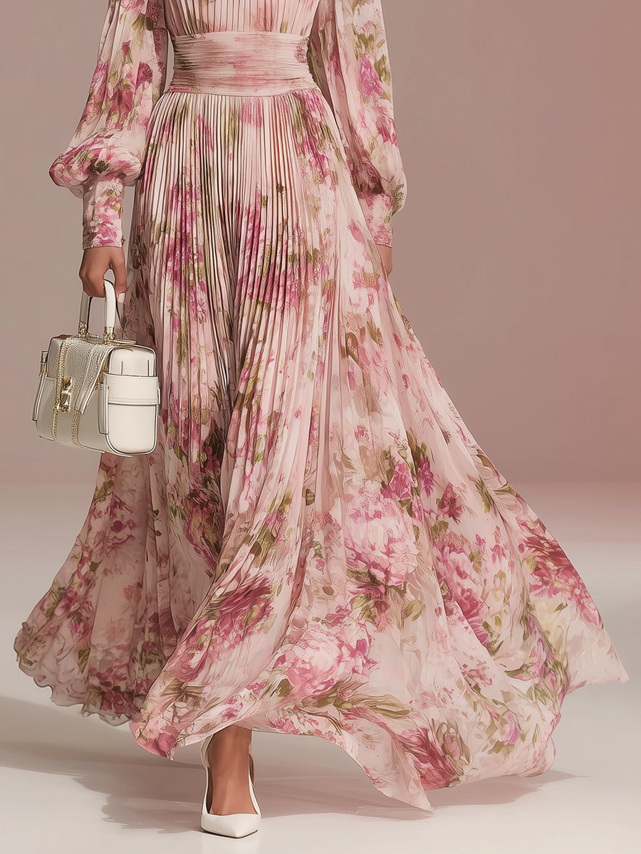 Elegant Floral Print Pleated Chiffon Maxi Dress