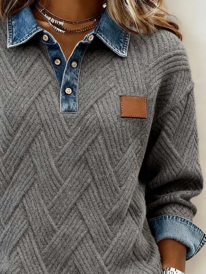 Grey Herringbone Knit Denim Collar Sweater