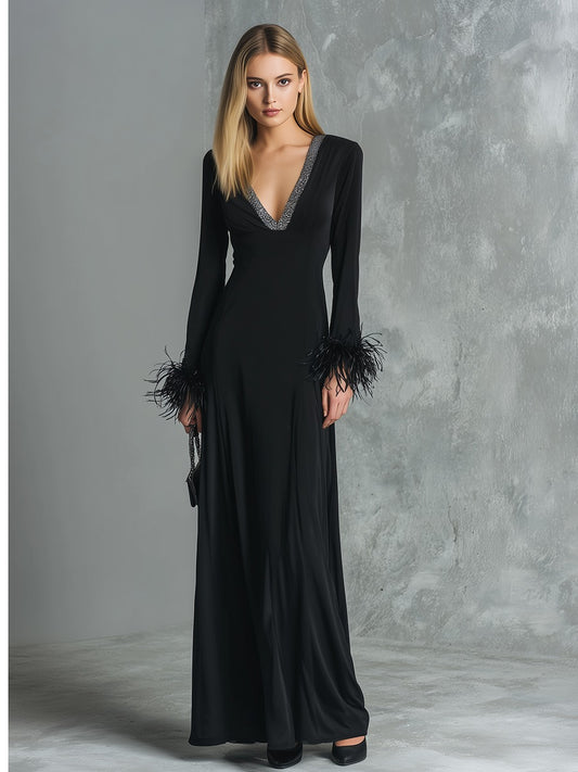 Retro Elegant V-neck Feather Cuff Trim Maxi Dress