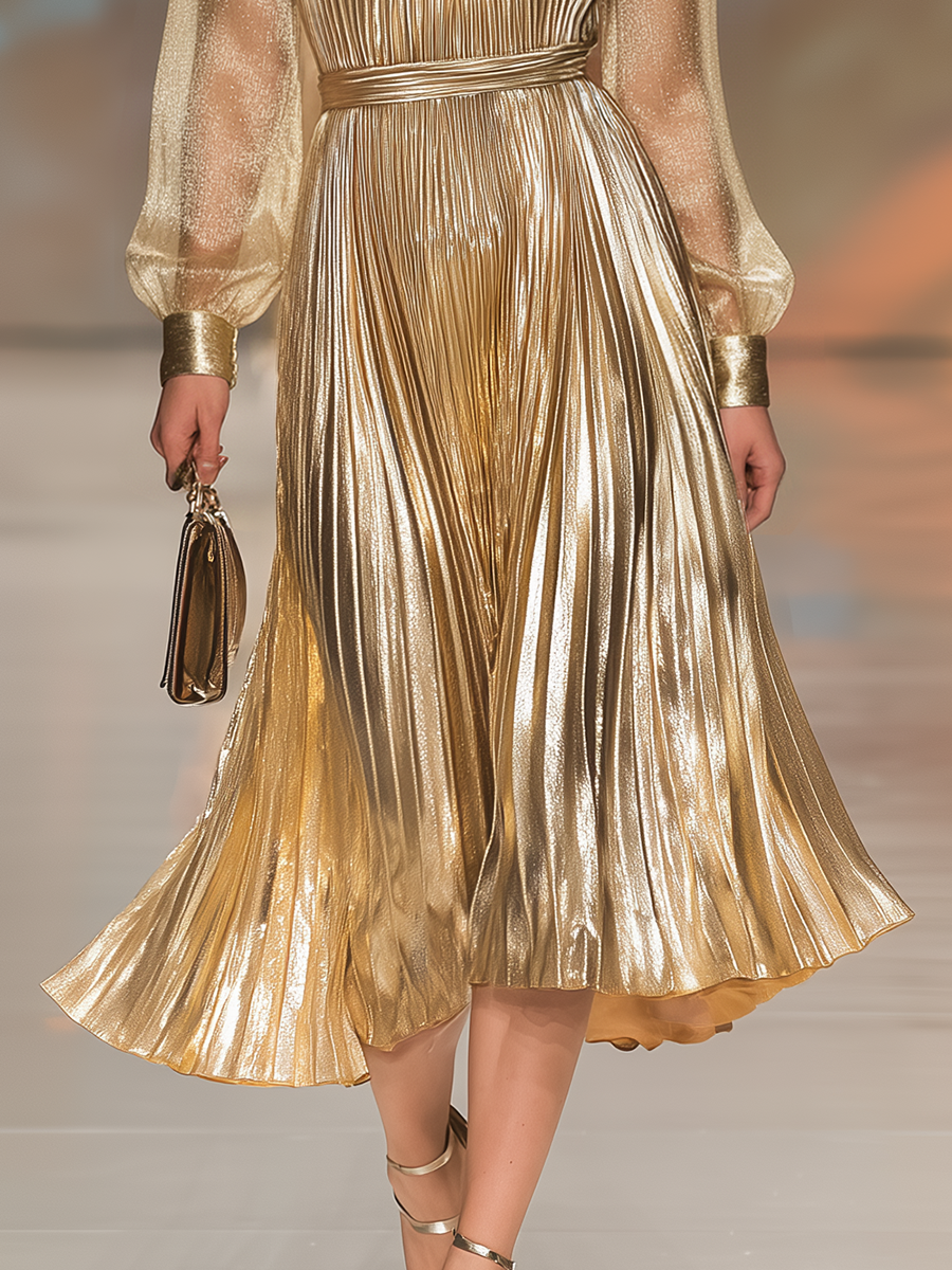 Elegant Stylish Round Neck Pleated Midi Dress