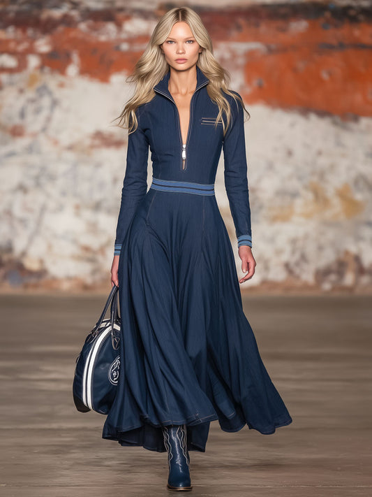Stand-up Collar Half-zip Color-blocked Ribbed Denim Maxi Dress