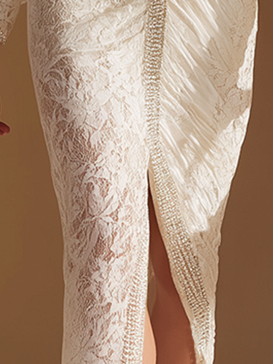 Stylish Vintage V-neck White Lace Midi Dress