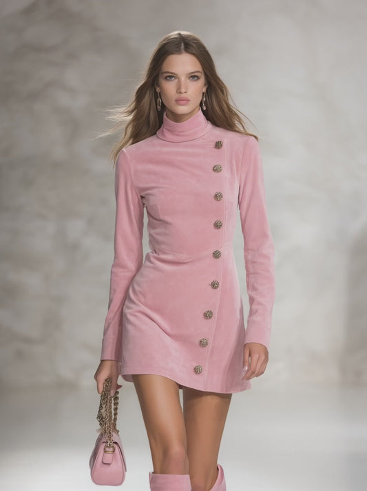 Retro-style Stand-up Collar Decorative Buttons Faux Suede Mini Dress