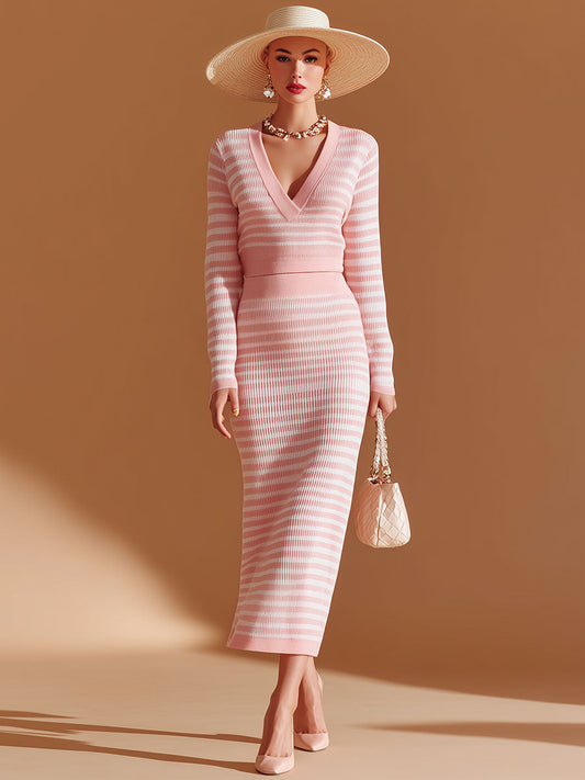 Stylish Retro Pink And White Color-blocked Striped Knit Top And Skirt Set