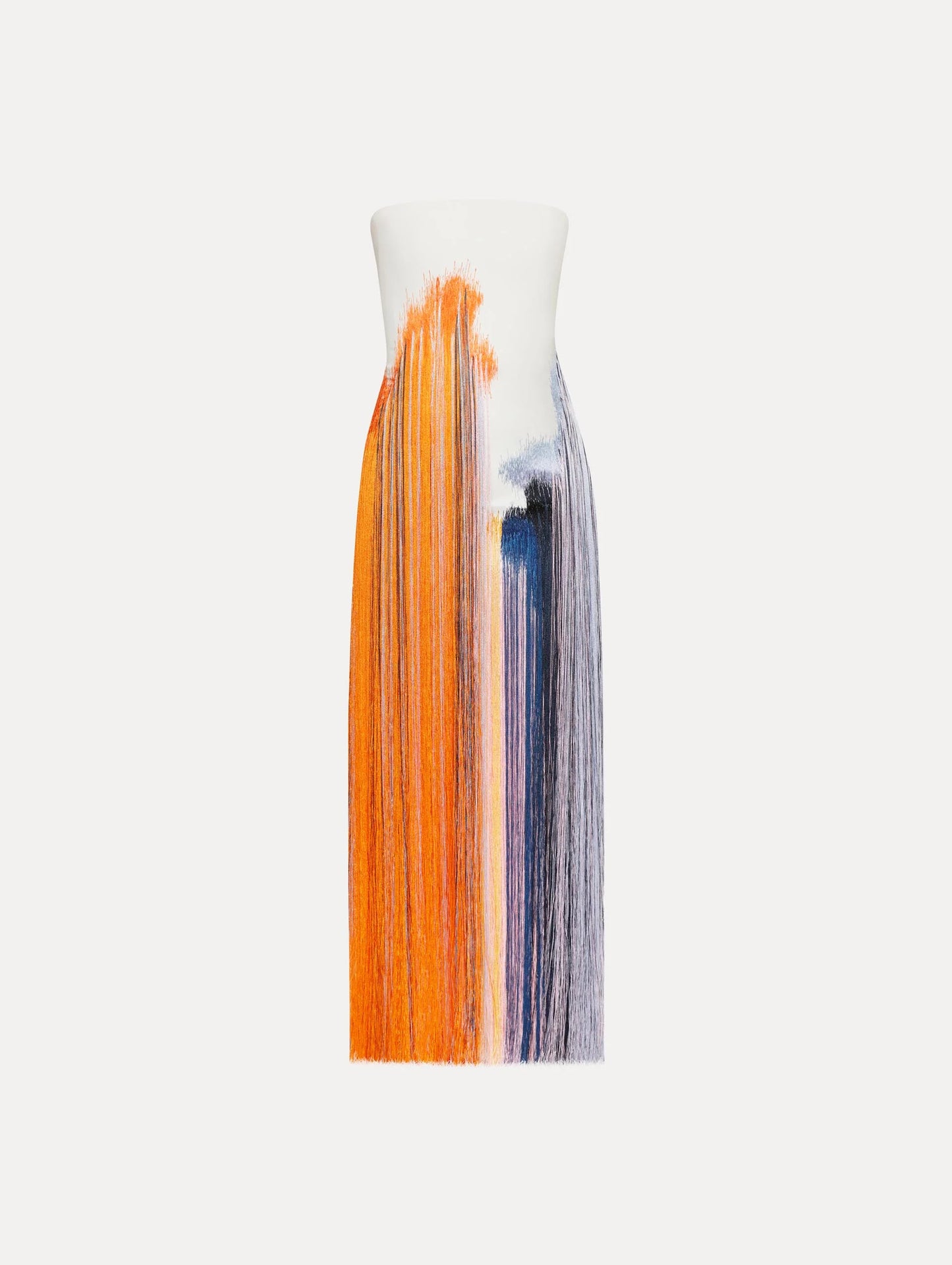 Strapless Gradient Print Fringe Midi Dress