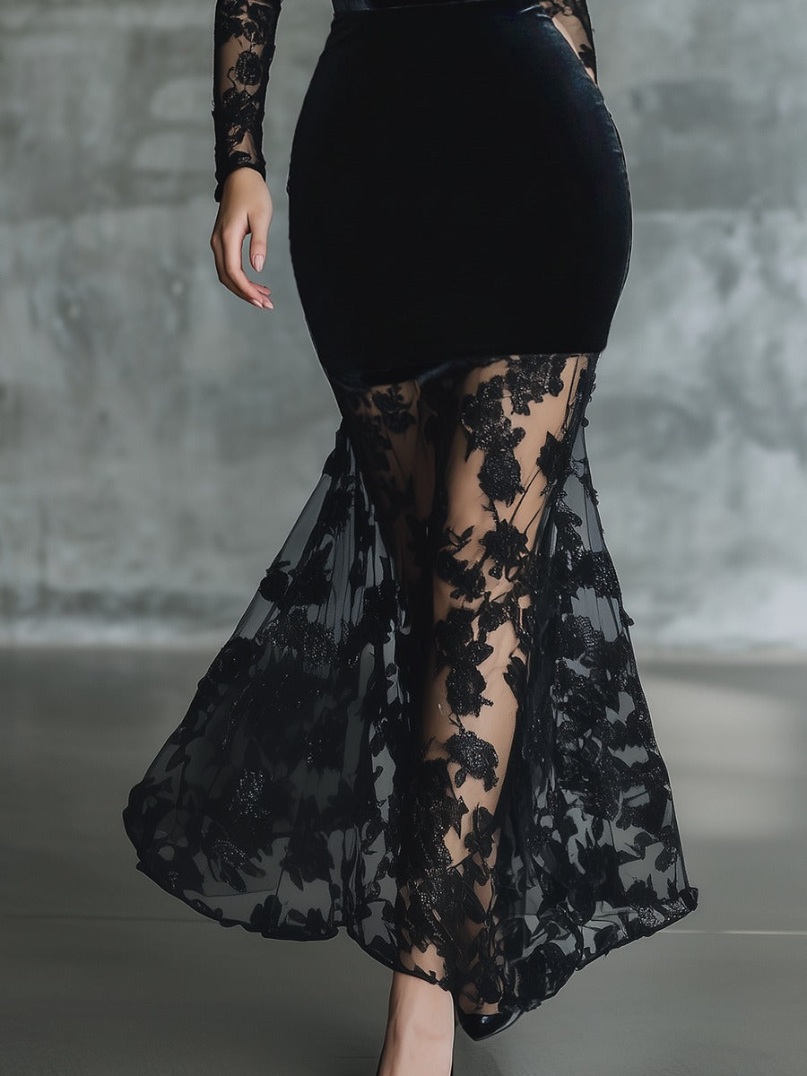Elegant Cocktail Black Lace-trimmed Velvet Maxi Dress