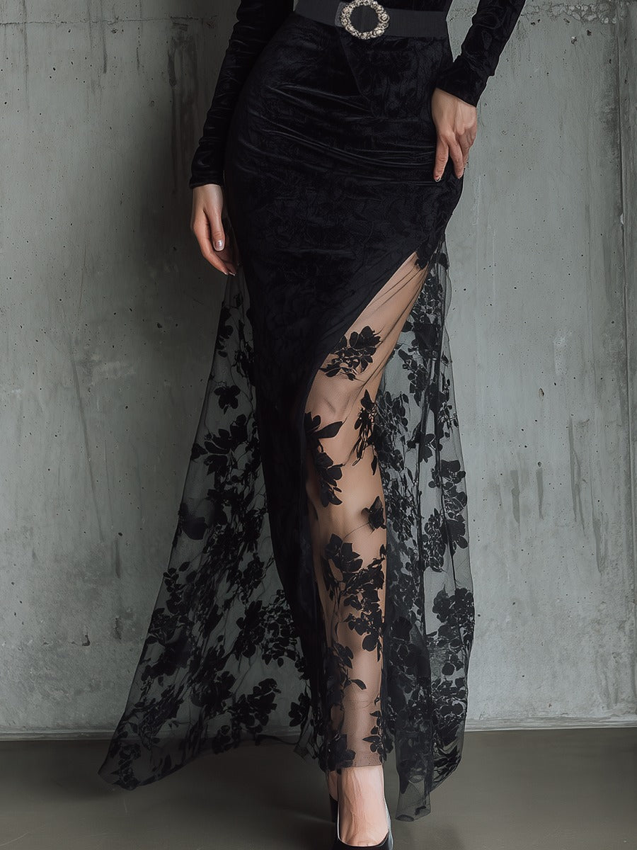 Elegant Party Black Velvet Slit Patchwork Lace Maxi Dress