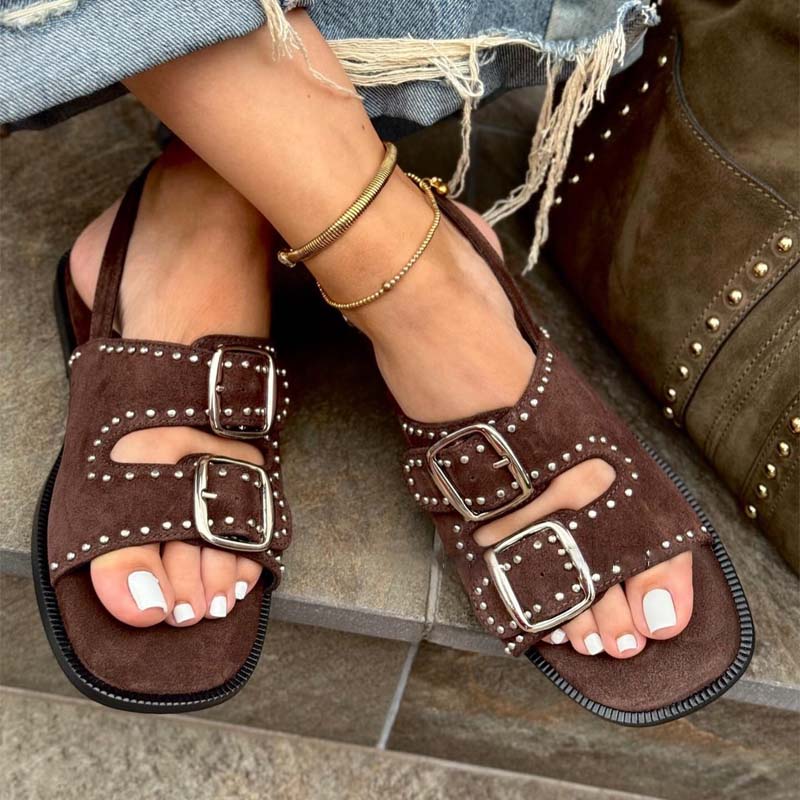 Studded Double Buckle Flat Sandals - WOOLX
