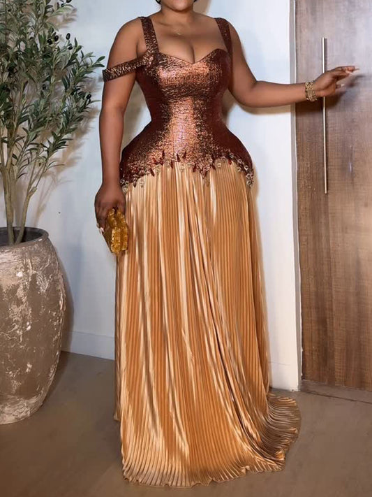 Patchwork Pleated Sling Dress - WOOLX