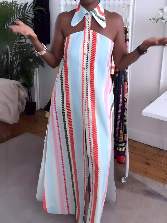 Striped Print Cold Shoulder Dress - WOOLX