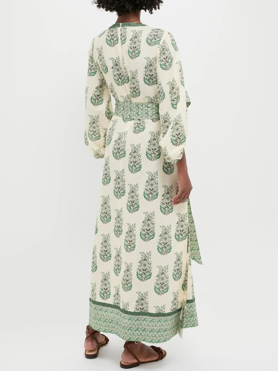 Printed V Neck Balloon Sleeves Dress - WOOLX