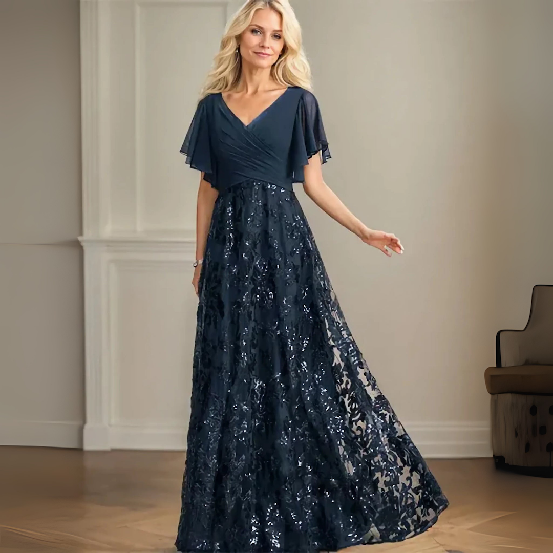 Navy Sequin Lace Flutter-Sleeve Maxi Dress
