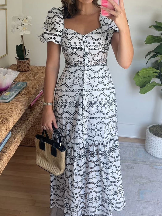 Eyelet Puff Sleeve Button Front Tiered Maxi Dress - WOOLX