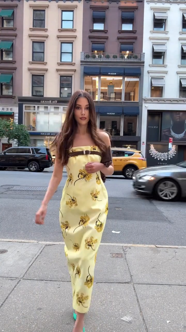 Light Yellow Floral Print Strapless Midi Dress - WOOLX