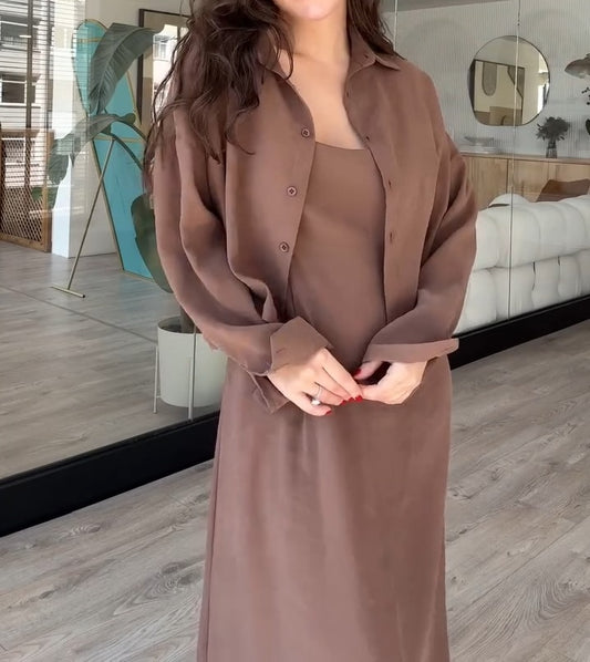 Sophisticated Chocolate - Brown Button - Up Shirt And Maxi Dress Set - WOOLX