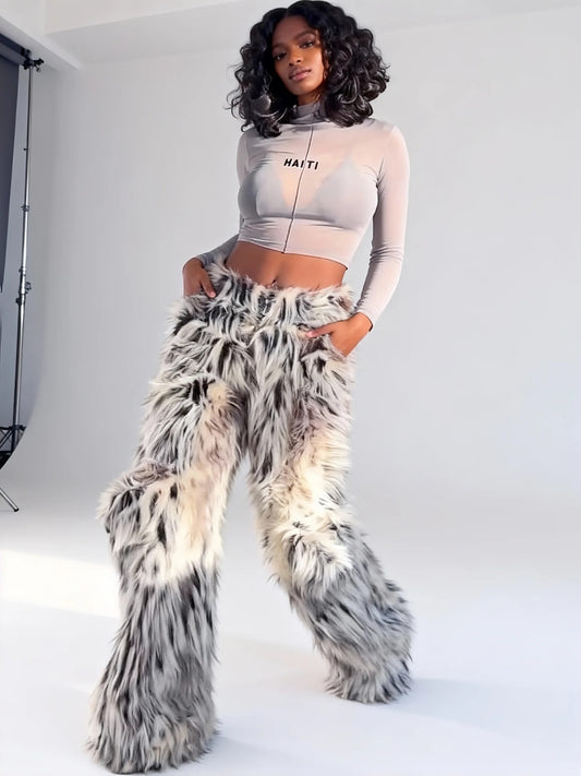Gray Sheer Crop Top & Faux Fur Wide-Leg Pants Set