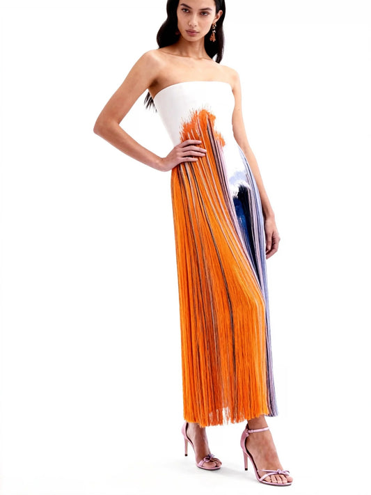 Strapless Gradient Print Fringe Midi Dress