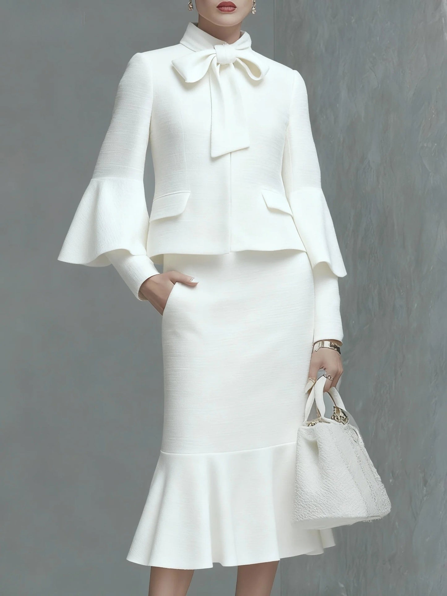 Elegant Neckline Bow Tie Trumpet Sleeve Jacket Skirt Tweed Set