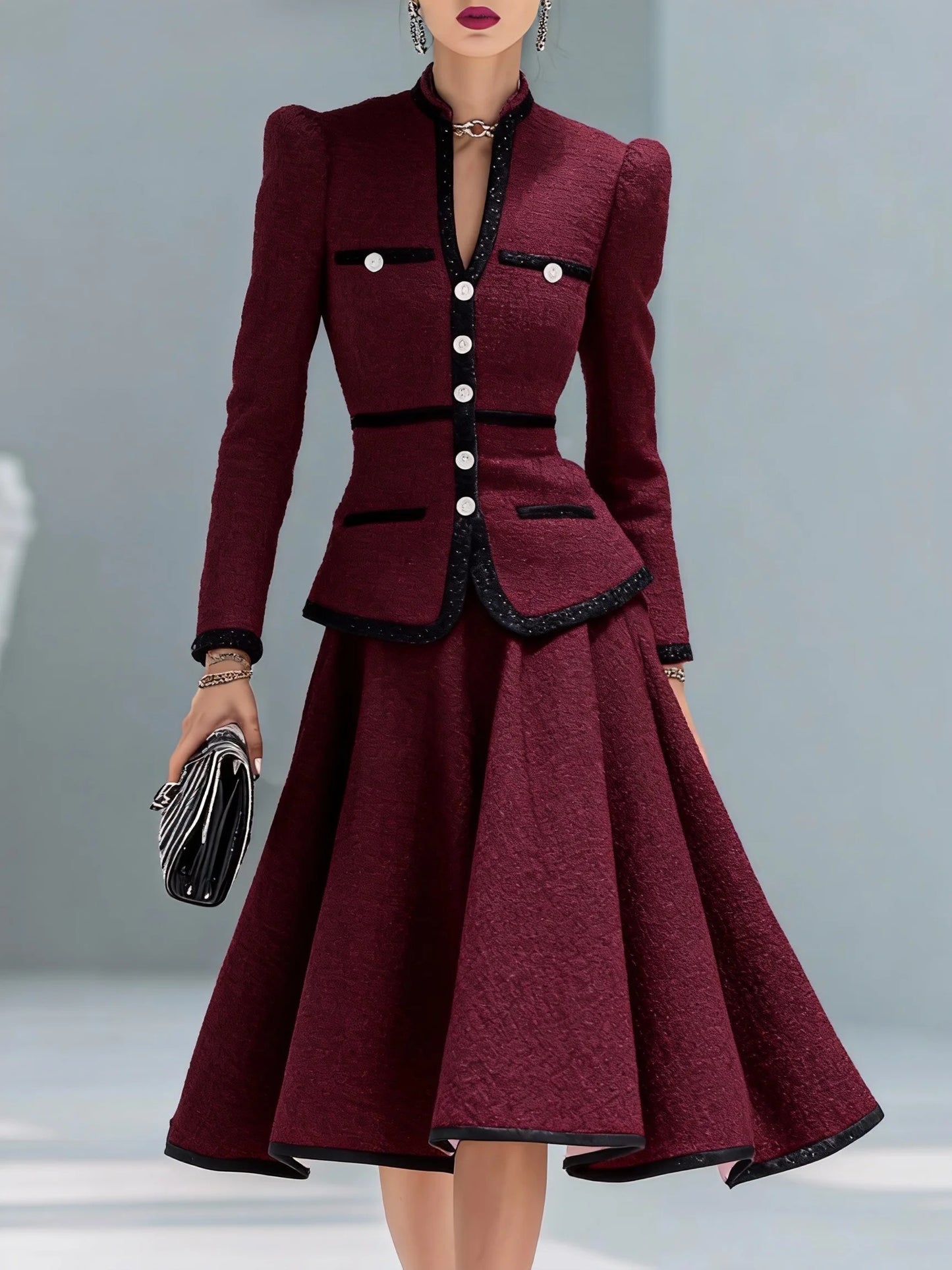 Elegant Contrasting Color Tweed Two-piece Set
