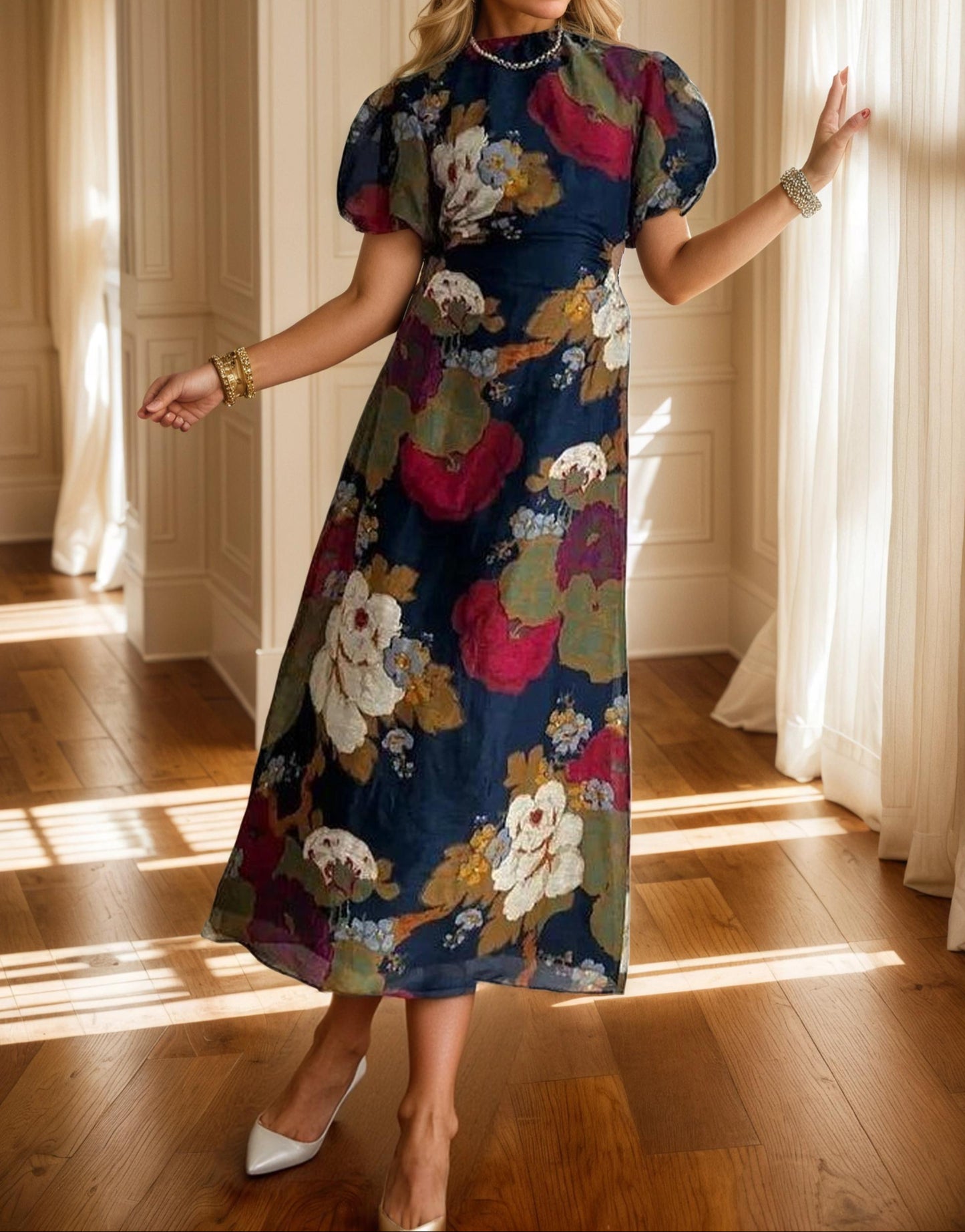 Navy Round Neck Short Sleeve Maxi Dress