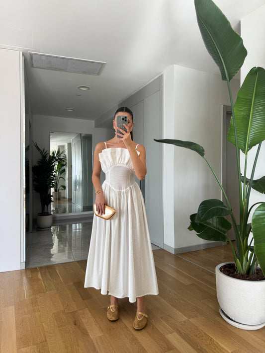 Ivory Spaghetti - Strap Ruffled Bustier Midi Dress - WOOLX