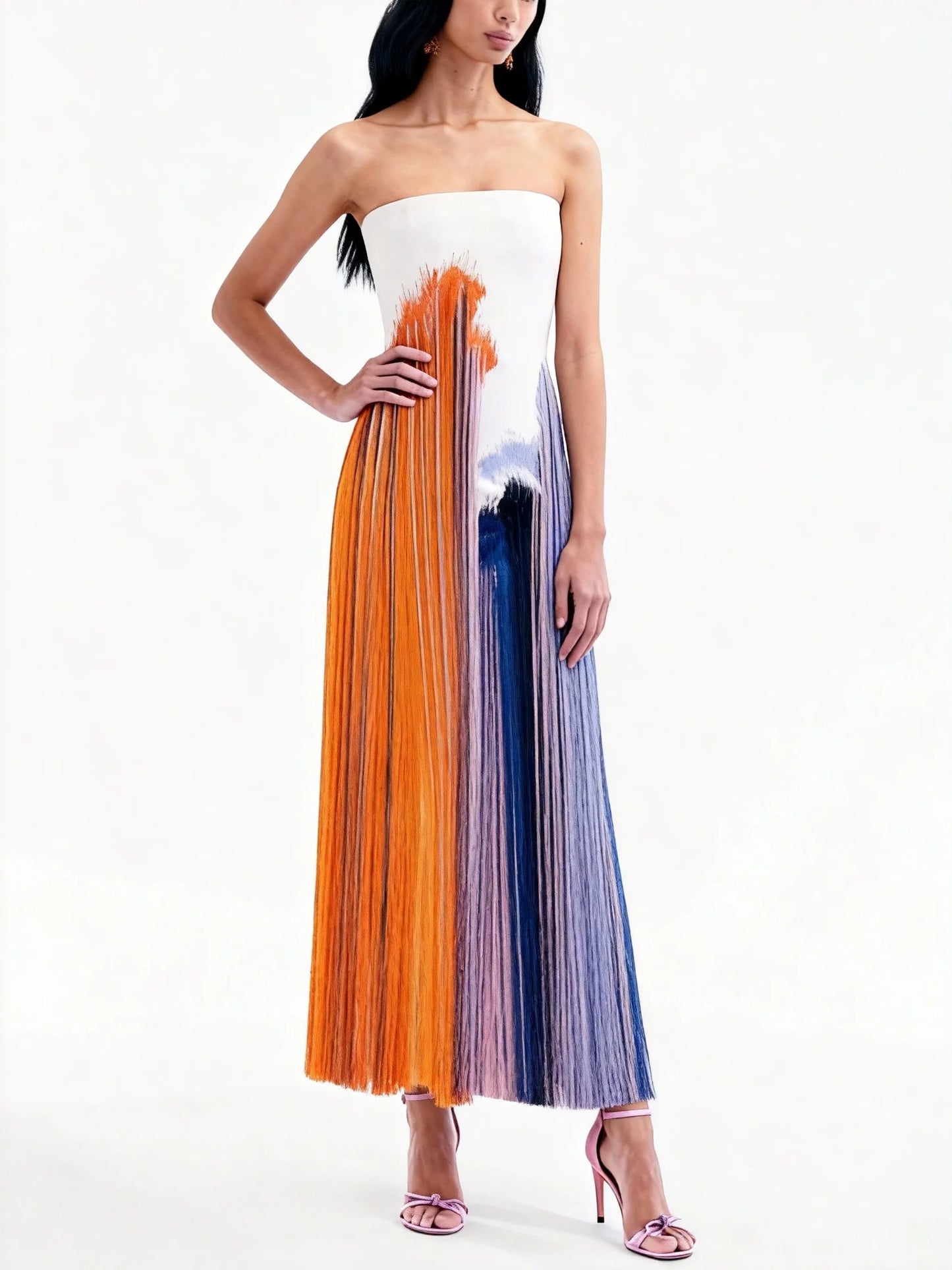 Strapless Gradient Print Fringe Midi Dress