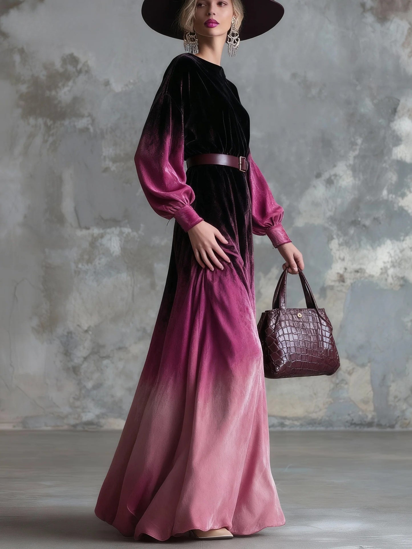 Elegant And Loose-fitting Black And Pink Gradient Velvet Maxi Dress