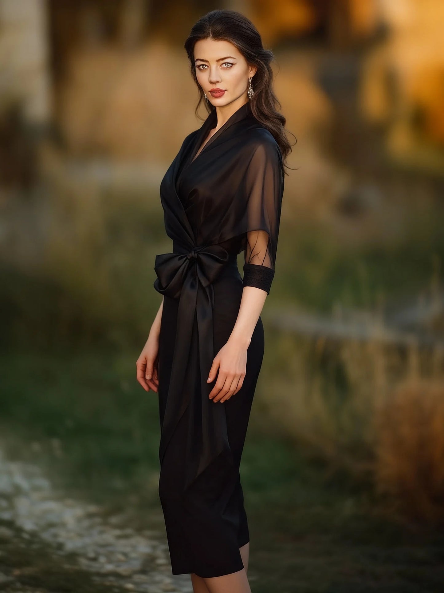 Draped Sheer Overlay Evening Gown With Sculpted Waist Tie