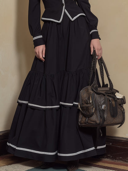 Retro Bohemian White Ribbon Short Jacket And Ruffled Skirt Set