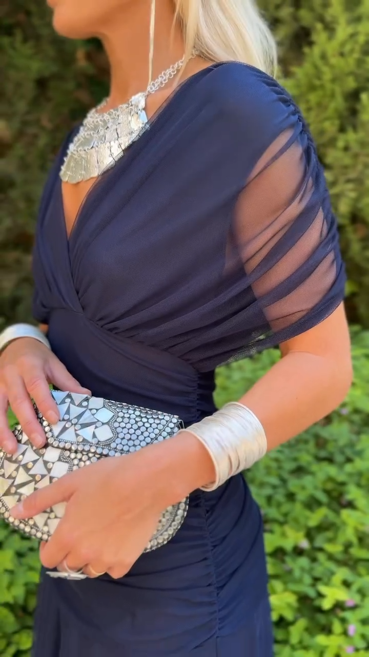 Navy Blue Chiffon V Neck Dress - WOOLX