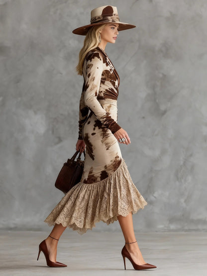 Fashion Retro Light Brown Contrast Brown Cow Pattern Velvet Spliced Lace Midi Dress