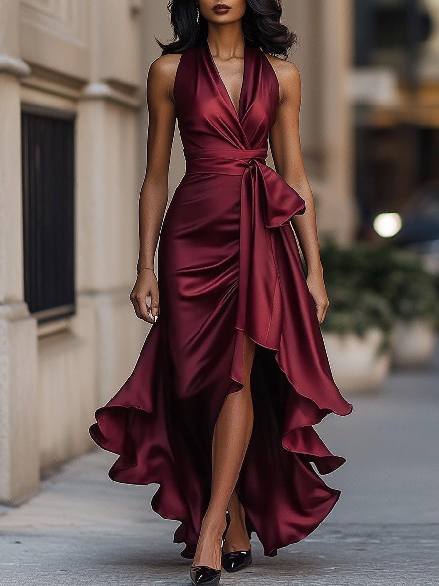 Midnight Elegance Satin Ruffle Gown