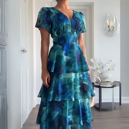 Teal Floral Tiered Maxi Dress - WOOLX