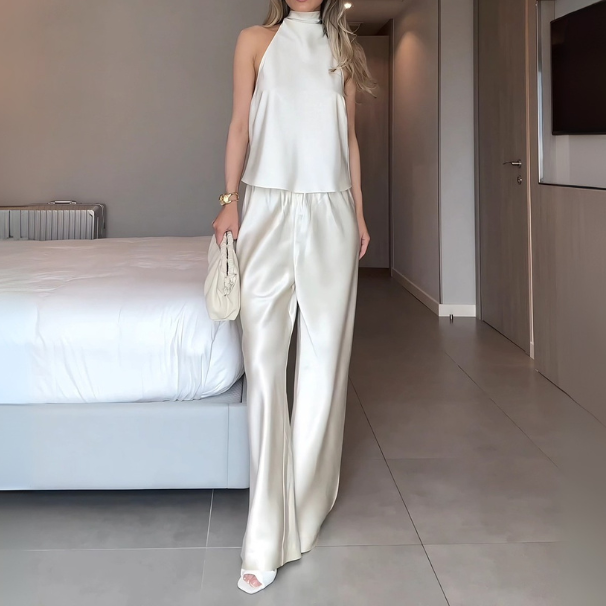 Sophisticated Satin Halter Neck Top And Wide Leg Pants Set - WOOLX