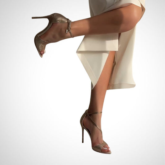 Metallic Gold Snake Print Ankle Strap High Heels - WOOLX